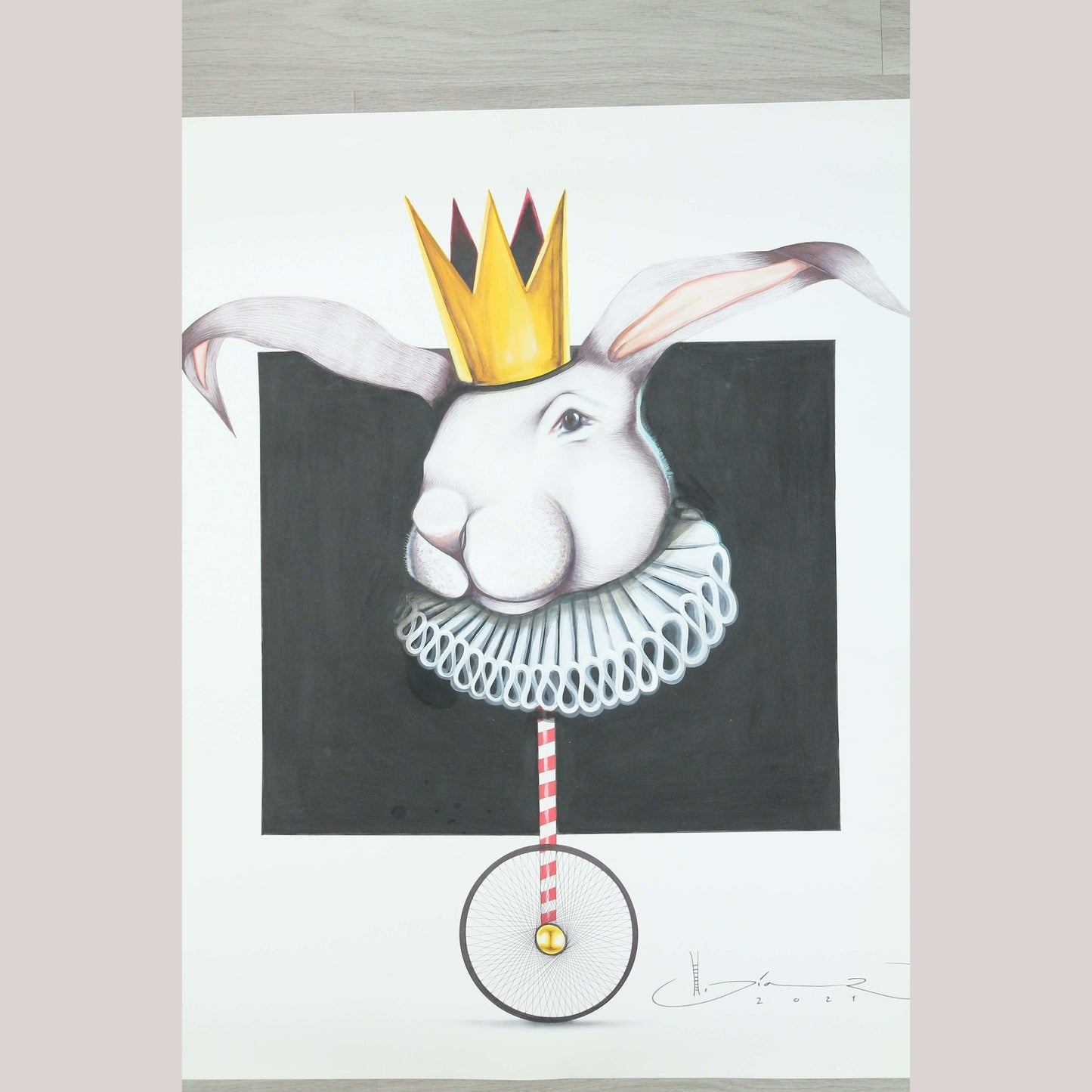 Harlequin Rabbit Hermes Diaz Large Acrylic on Paper Painting