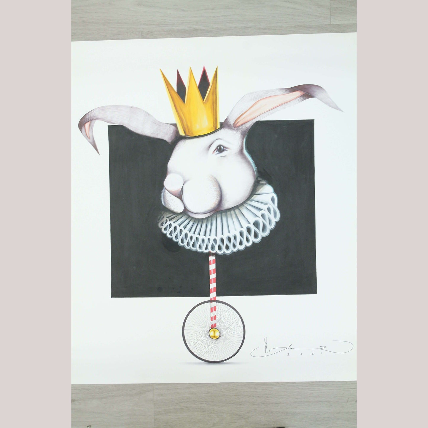 Harlequin Rabbit Hermes Diaz Large Acrylic on Paper Painting