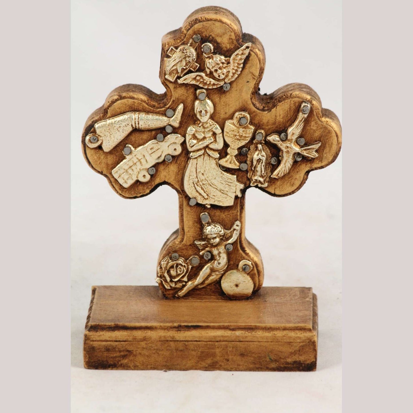 New Wood on Stand Cross/Milagros Mexican Folk Art Maiden Ocher