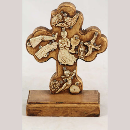 New Wood on Stand Cross/Milagros Mexican Folk Art Maiden Ocher