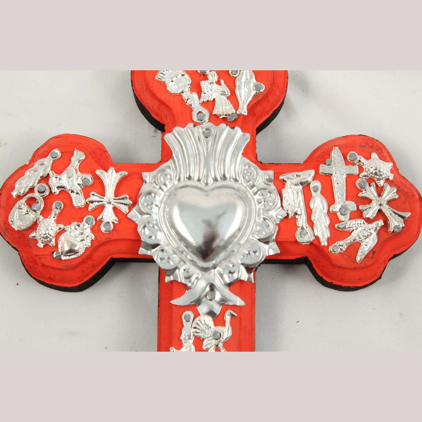 Sm Wood Hanging Cross/Milagros Mexico Folk Art Handmade/Painted Religious Red #2