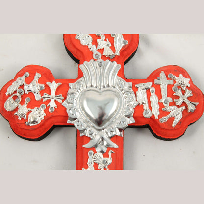 Sm Wood Hanging Cross/Milagros Mexico Folk Art Handmade/Painted Religious Red #2