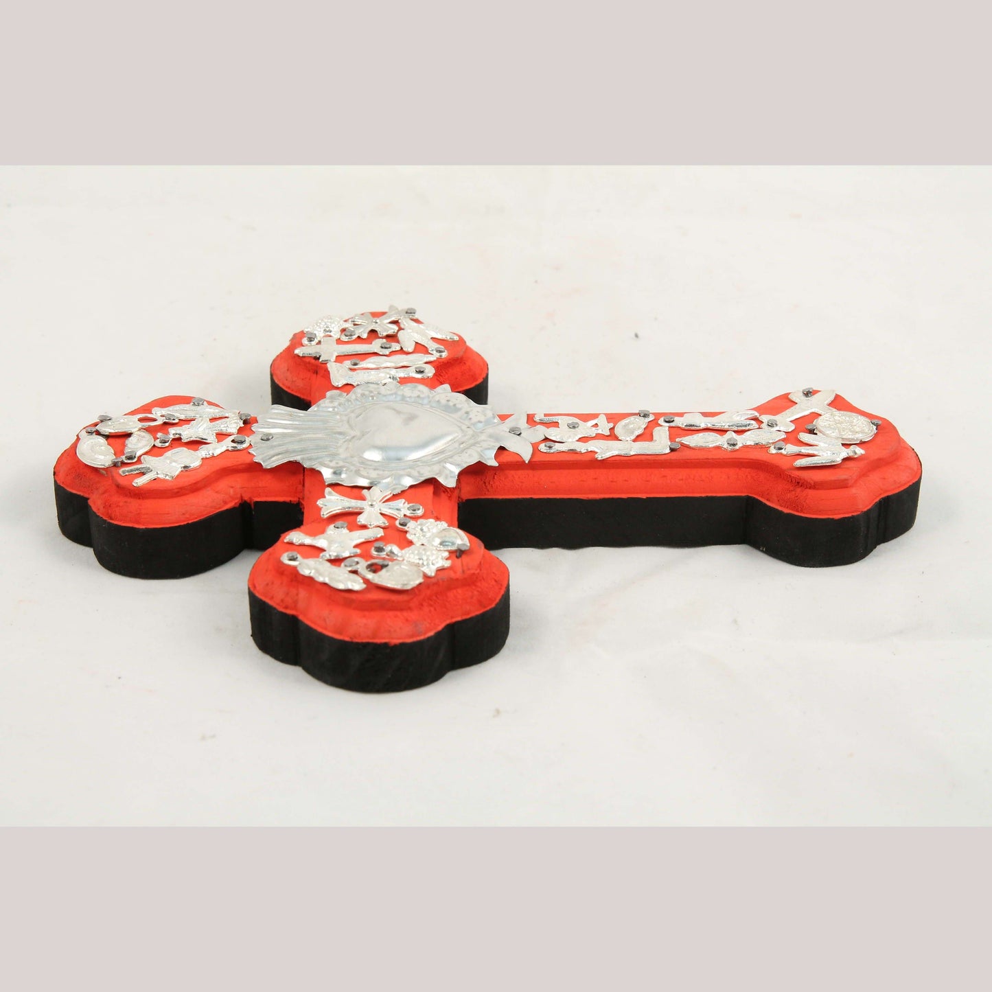Sm Wood Hanging Cross/Milagros Mexico Folk Art Handmade/Painted Religious Red #2