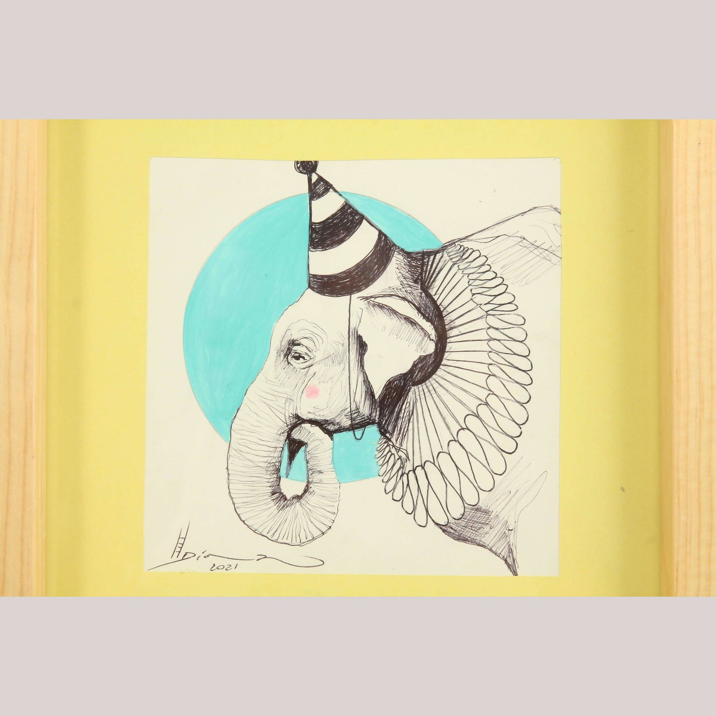 Mexican Acrylic Fine Art Painting Décor Framed Hermes Diaz Circus Elephant/Hat