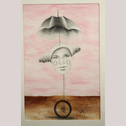 Lg Mexican Acrylic Fine Art Painting Signed Hermes Diaz Clown/Wheel/Umbrella