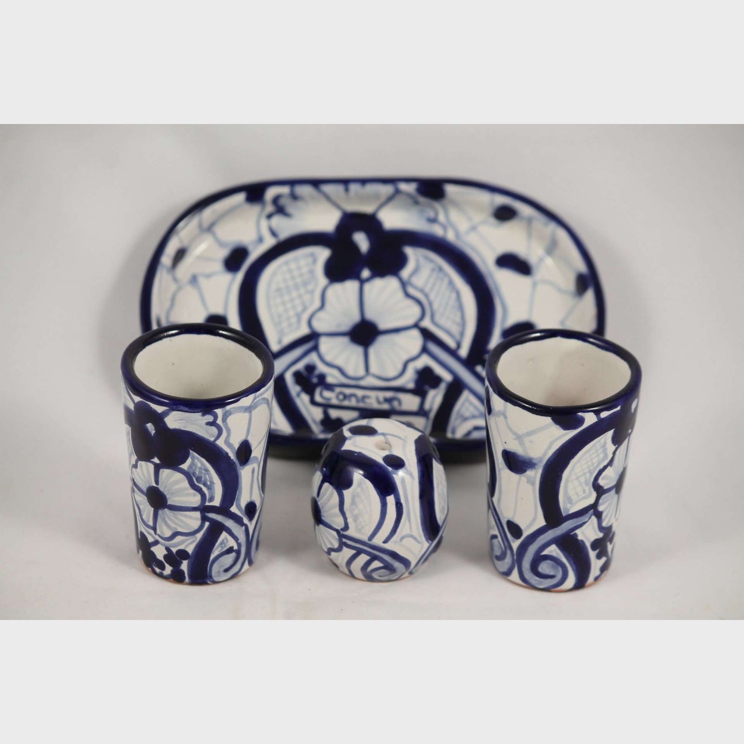 Mexican Ceramic Shot Glasses/Salt Shaker/Tray Talavera Cancun