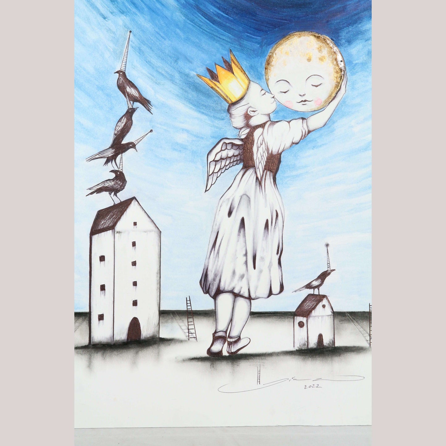 Whispering to the Moon Mexican Mixed/Acrylic Fine Art Painting Hermes Diaz