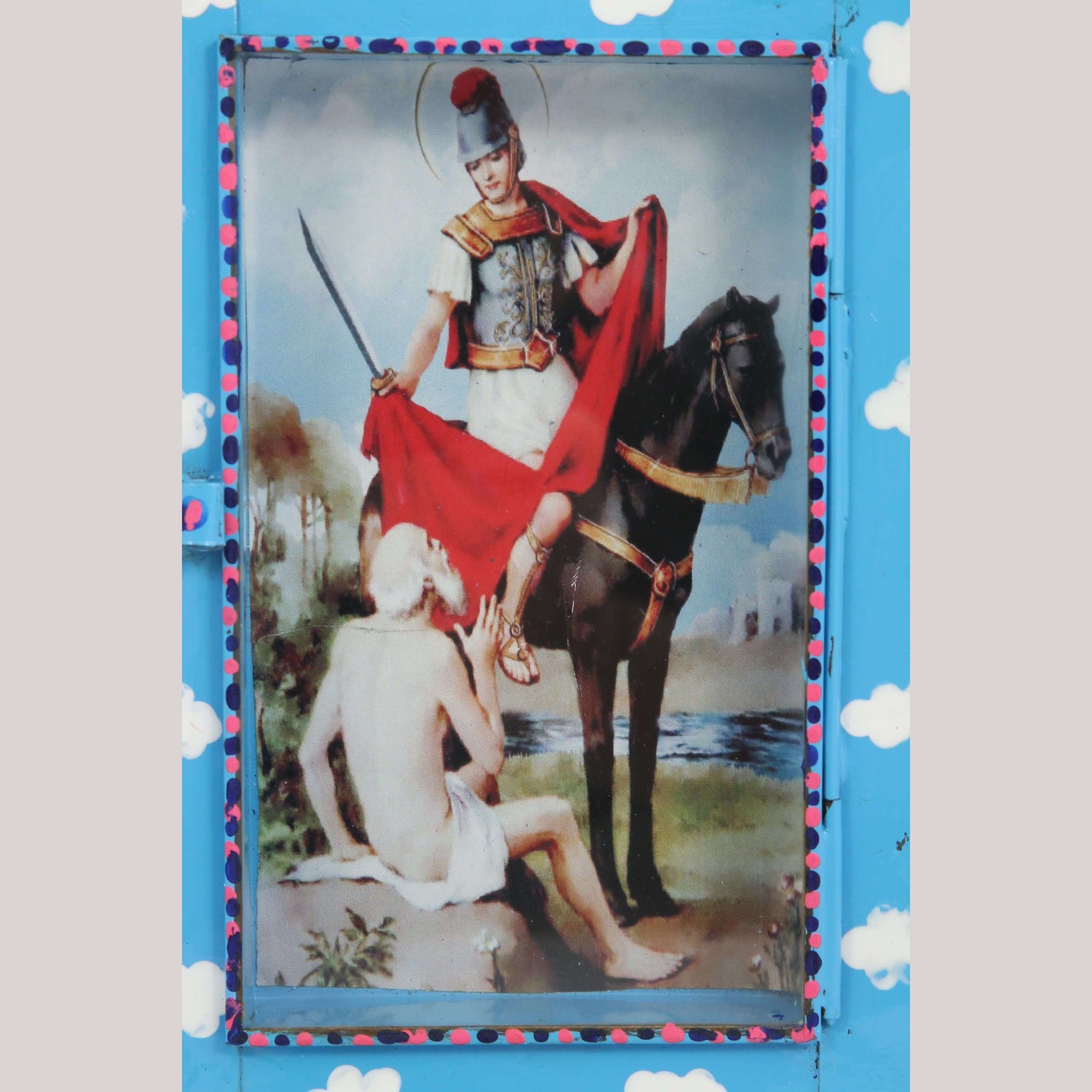 Tin Hanging Niche/Glass Mexican Folk Art Handmade Religion "Saint Martin" #2