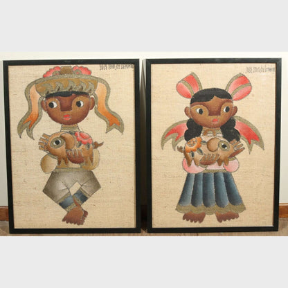 Jose Maria de Servin Boy and Girl with Piglets, Mid-Century Modernism Paintings, a Pair,
