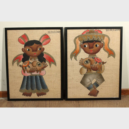 Jose Maria de Servin Boy and Girl with Piglets, Mid-Century Modernism Paintings, a Pair,
